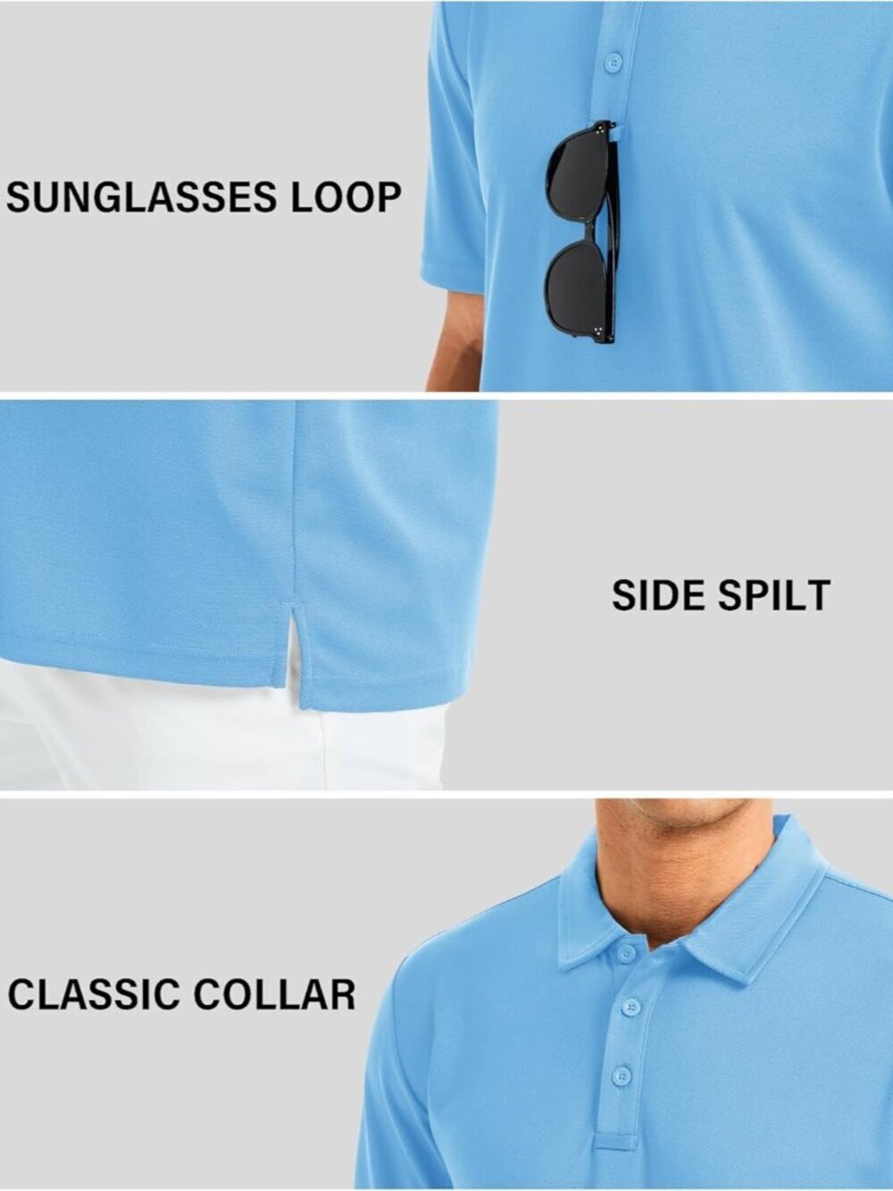 Men’s Sky Blue Golf Polo Quick Dry Moisture Wicking Athletic Fit Tee Shirt - Picture 4 of 6